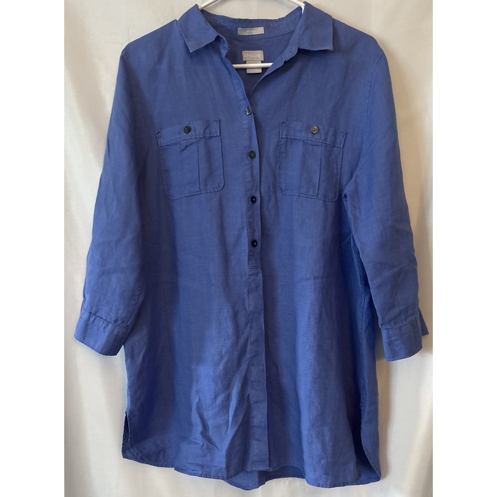 Chicos Women's Button Up 100%Linen blouse Sz 1 Blue Summer Vacation Coastal